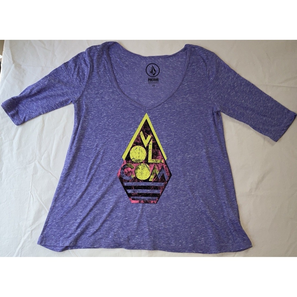 NWOT Women's Volcom‎ Slub V-Neck Half Sleeve Purple Heather Graphic Tee Shirt XS